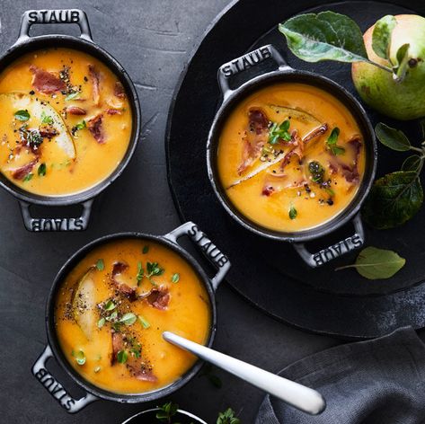 Christmas Fare, Squash Dishes, Prosciutto Recipe, Pear Soup, Thanksgiving Soups, Easy Winter Recipes, Crispy Prosciutto, Butternut Squash Puree, Winter Soup Recipe