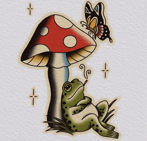 Toad Mushroom Tattoo, Old School Mushroom Tattoo, New School Frog Tattoo, Traditional Gnome Tattoo, Traditional Frog Tattoo Flash, Whimsical Traditional Tattoo, Dragonfly Tattoo Traditional, Frog Traditonal Tattoo, Trad Frog Tattoo