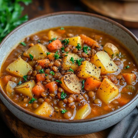 Hearty Lentil and Potato Soup Recipe - Comfort in a Bowl Lentil And Potato Soup, Lentil And Potato, Lentil Potato Soup, Frozen Meatball Recipes, Brunch Bake, Salisbury Steak Meatballs, Slow Cooker Salisbury Steak, Ham And Cheese Croissant, Canned Lentils