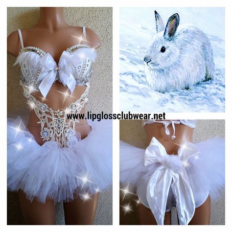 Fluff around in this adorable pure white bunny outfit comprising of a fur and gem bra cup attached to a body applique. The bottom is a white tutu Snow Bunny Costume, Rave Ideas, Edc Orlando, Dancing Outfits, Edm Music Festivals, Beyond Wonderland, Rave Costume, Alice Costume, Mermaid Siren