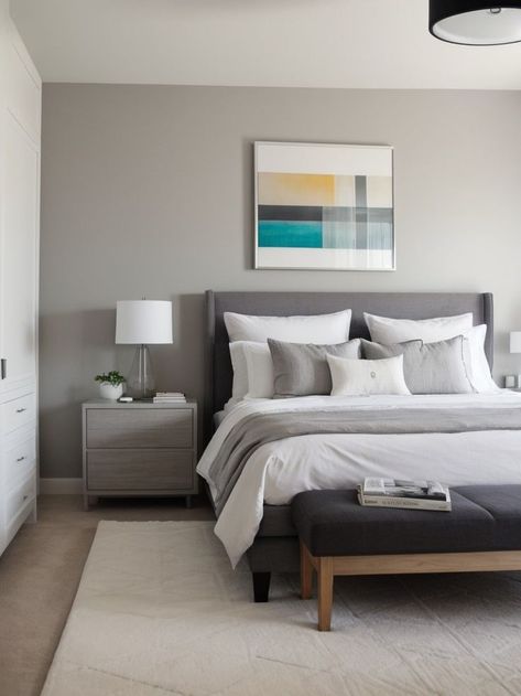 Men’s Bedroom Paint Colors, Grey Bed White Walls, Light Grey Accent Wall Bedroom, Light Grey Accent Wall, Grey Wall Bedroom, Zodiac Bedroom, Grey Accent Wall Living Room, Wood And Terracotta, Gray Accent Wall Bedroom