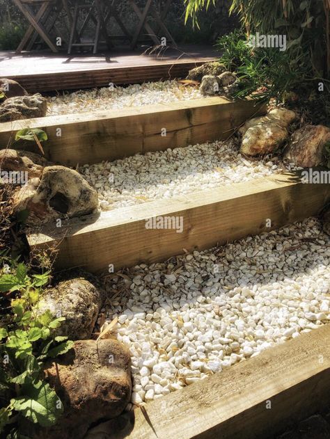 Gravel Steps, Sleeper Steps, Sleepers In Garden, Iron Pergola, Gravel Pathway, White Gravel, Gravel Landscaping, Gravel Path, Garden Paving