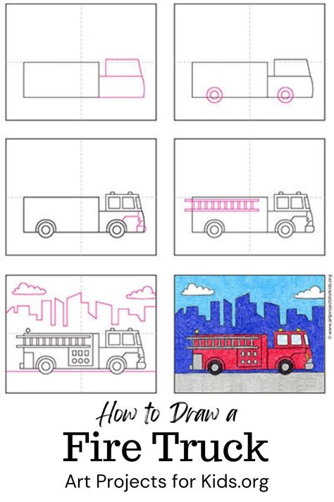 How To Draw A Fire Truck, Flipchart Ideas, Senior Kindergarten, Fire Truck Drawing, Kindergarten Drawing, Truck Drawing, Oil Pastel Drawings Easy, Tutorial Drawing, Drawing Lessons For Kids