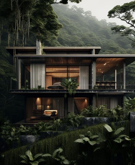 Forest Mansion Interior, Modern Houses In The Forest, Modern House In The Woods Aesthetic, Modern Jungle House Exterior, Forest Mansion Modern, Dark Forest House Interior, Rainforest House Architecture, House In The Rainforest, Dark Forest Mansion