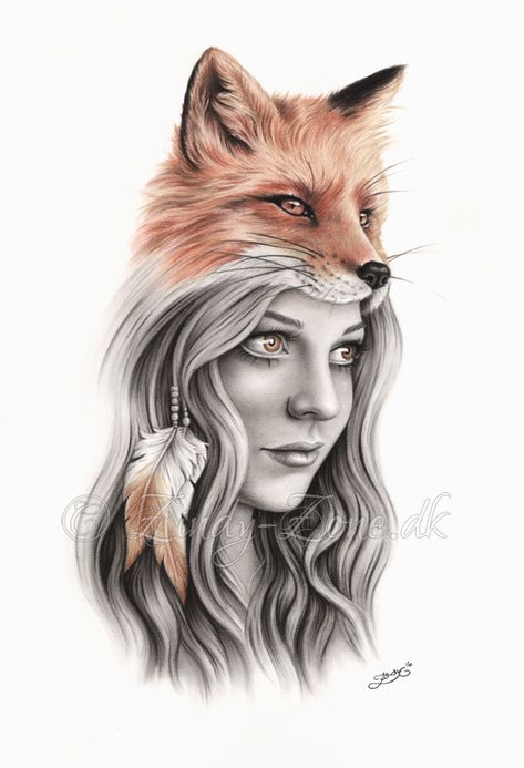 Fox and the girl by Zindy on DeviantArt Fox Tattoo Design, Girl Face Tattoo, Kunst Tattoos, Emo Art, Indian Tattoo, Fox Tattoo, Fox Girl, Desenho Tattoo, Fox Art