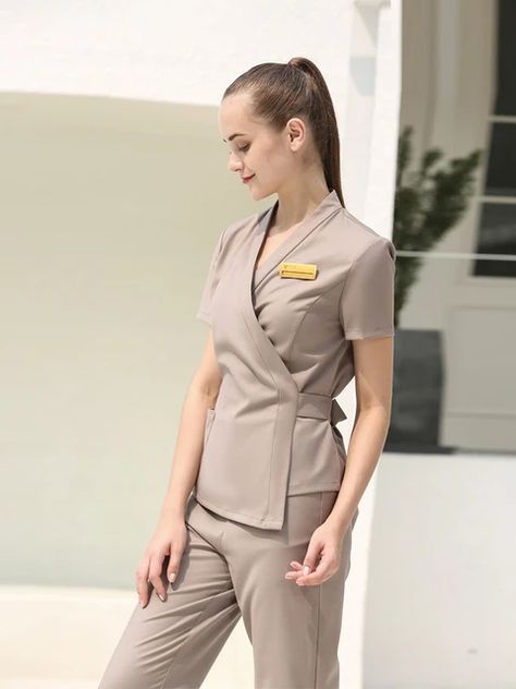 2023 High Quality Uniformes Overalls Women's Khaki Top+Pants 2 Piece Set Hotel Staffs Work Wear Beauty Salon SPA Uniform - AliExpress Beauty Salon Uniform Ideas, Spa Wear, Medical Scrubs Fashion, Salon Uniform, Salon Wear, Beauty Uniforms, Spa Uniform, Medical Scrubs Outfit, Staff Uniforms