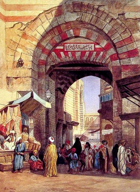 The Moorish Bazaar By Edwin Lord Weeks (1849 – 1903) American. It is actually a scene at an old Gate of Cairo ( Gate of Zwaila) Edwin Lord Weeks, Night Beautiful, City Scene, A4 Poster, Architectural Features, Andalusia, Vintage Artwork, North Africa, Middle Eastern