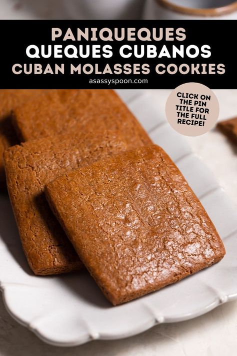 Paniqueques or Queques Cubanos (Cuban Molasses Cookies) are thick, square cookies that are soft, dense, and chewy and, flavored with molasses, brown sugar, cinnamon, and anise extract. Perfect for breakfast or as a snack with cafe con leche or chocolate caliente! Cuban Cookie Recipes, Molasses Benefits Health, Cuban Cookies, Molasses Cupcakes, Anise Extract, Best Shortbread Cookie Recipe, Cuban Desserts, Molasses Cookie, Finger Desserts