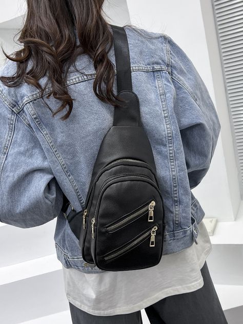 Black Cool   PU Leather Plain Sling Bag Embellished   Women Bags Sling Bag Outfit, Sling Bag Women, Sling Bag, Cloth Bags, Sling Backpack, Front Zipper, Fashion Backpack, Bags Women, Pu Leather