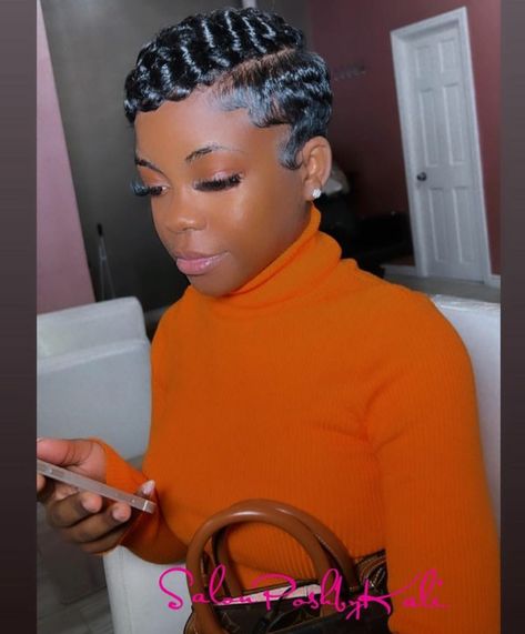 18 Beautiful Finger Waves Hairstyles - The Glossychic Pixie Hairstyles Finger Waves, Finger Waves On Short Curly Hair, Finger Waves Hairstyles For Black Women, Finger Weave Hairstyles, Finger Waves And Curls Black Women, Finger Waves On Short Natural Hair, Short Wave Hairstyles For Women, Short Hair Waves Styles, Finger Waves For Black Women Long Hair