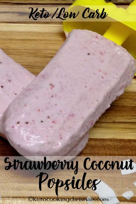 Strawberry Coconut Cream Popsicles - Keto and Low Carb Strawberries and coconut blended into a creamy and tasty popsicle! #ketorecipes #keto #lowcarb #ketodiet #ketogenicdiet #lowcarbdiet #ketogenic #lowcarbhighfat #lowcarbrecipes #lchf #glutenfree #ketoweightloss #ketocookingchristian Coconut Cream Popsicles, Keto Popsicles, Keto Diet Vegetables, Keto Ice Cream, Popsicle Recipes, Keto Cooking, Keto Diet Menu, Yogurt Recipes, Coconut Recipes