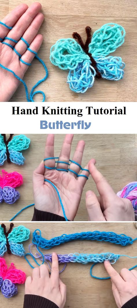 Free knitting pattern. A complete hand knitting tutorial that teaches us how to make a butterfly. Finger Knit Scarf, Finger Knitting Projects, Crochet Butterfly Pattern, Butterfly Tutorial, Easy Patterns, French Knitting, Simple Butterfly, Crochet Cozy, Butterfly Kids