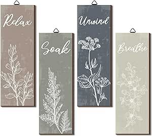 Ripeng 4 Pcs Boho Bathroom Decor Botanical Wall Art Relax Soak Unwind Breathe Sign Rustic Vintage Farmhouse Minimalist Wooden Signs for Home Restroom Decorations 11.8 x 4 Inch Relaxing Bathroom Decor, Breathe Sign, Botanical Bathroom, Relax Soak Unwind, Walls Decor, Bathroom Wall Decor Art, Home Wooden Signs, Boho Bathroom Decor, Decorating Bathroom