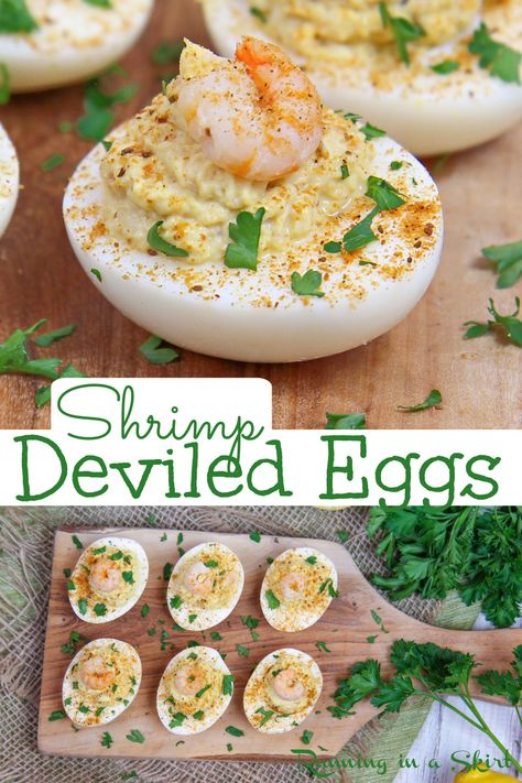 Shrimp Deviled Eggs recipe with old bay! No mayo - made with Healthy Deviled Eggs with greek yogurt. This is an easy, healthy, keto and low carb - the best deviled egg! So unique for Easter, holidays - Thanksgiving or Christmas, or summer cookouts. / Running in a Skirt #deviledeggs Deviled Eggs With Shrimp, Shrimp Deviled Eggs, Old Bay Shrimp, Healthy Deviled Eggs, Deviled Eggs Recipe, Cold Appetizers, Easy Shrimp, Eggs Recipe, Old Bay