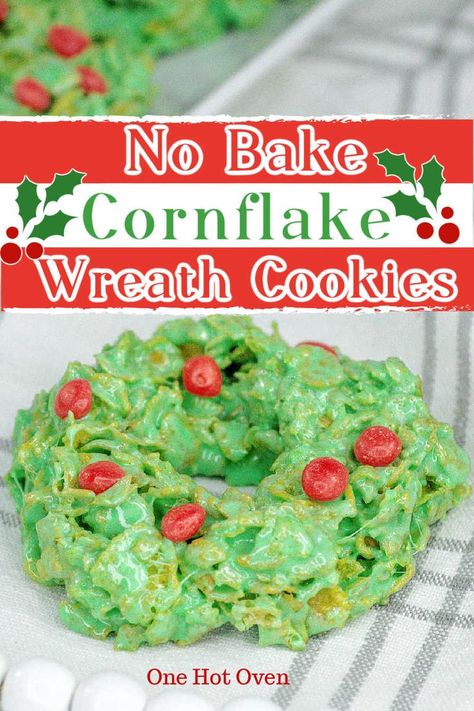 Cornflake cookie wreaths on a plaid towel. Cornflake Wreaths, Cinnamon Candies, No Bake Christmas, Christmas Wreath Cookies, Marshmallow Cereal, Cornflake Cookies, Christmas Popcorn, Cereal Mix, Christmas Dessert Table