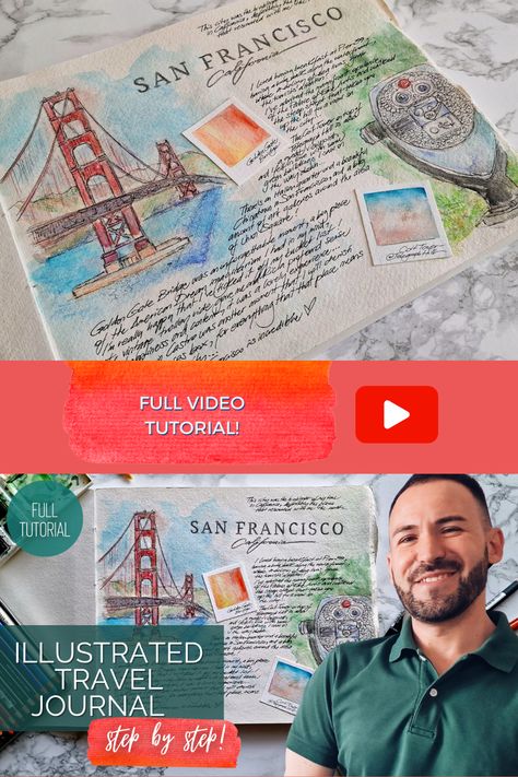 Full video tutorial in 7 easy steps to create an illustrated travel journal, combining watercolour sketching and journaling notes, with creative tips and ideas to use on hundred different projects! Watch the video on my channel :) Travel Art Journal, Watercolor Sketching And Journaling, Travel Sketches, Watercolor Sketch, Scrapbook Journal, Watercolour Tutorials, Junk Journals, Travel Journal, Travel Art