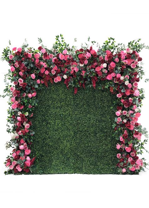 8' L x 8' H flower wall  	3D floral wall constructed of variety of flowers, roses, boxwood hedge, leaves etc, colors are various pink, red, green hues  	Silk flowers are solidly attached to a high density of cloth fabric, ensuring that the blooms do not fall out  	Premade pocket on the rear cloth edge for hanging on heavy duty telescopic backdrop stands  	The floral wall is used as a background decoration for weddings and events, and its size and color can be adjusted on demand Emerald Green And Rose Pink Wedding, Flower Drops Decoration, Flower Background Decorations, Faux Flower Wall Decor, Flower Wall Backdrop Ideas, Green Wall With Flowers, Grass Wall With Flowers, Green Background Decoration, Floral Backdrop Ideas