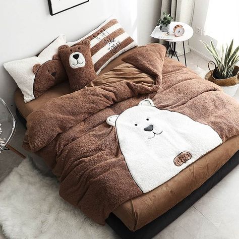 Teddy Bear Bedding, Natural Bedrooms, Cute Brown Bed Set, Bear Bedding Set, Bear Bedding, Kawaii Bedding Bear, Quilt Duvet Cover, Quilt Duvet, Theme Beds