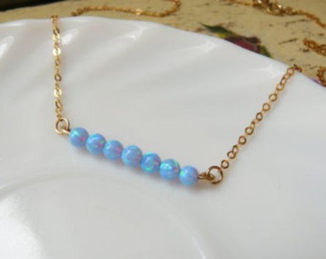 Etsy :: Your place to buy and sell all things handmade Opal Bar Necklace, Opal Necklace Gold, Opal Necklace Silver, October Birthstone Necklace, Horizontal Bar Necklace, Cross Necklace Women, Blue Opal Necklace, Dot Necklace, Cube Necklace