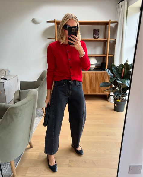 Lydia Tomlinson | Transitional outfit inspo from past to present 🍂 | Instagram Cardigan Work Outfit, Red Flats Outfit, Lydia Tomlinson, Parisian Outfit, Flats Outfit, Red Flats, Transition Outfits, Red Cardigan, Vanessa Bruno