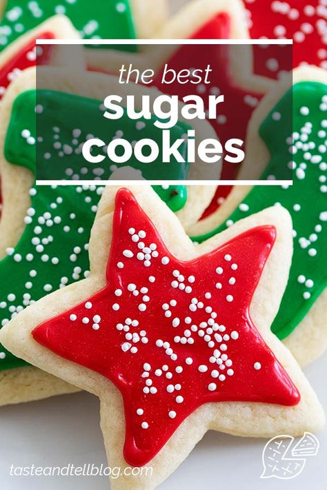 This is the best sugar cookie recipe - the one I’ve been making for years and years! It also has the perfect sugar cookie icing that makes the cookies perfect for stacking. #cookies #sugarcookies #baking #dessert White Velvet Sugar Cookie Recipe, Sugar Cookie Cutout Frosting Recipe, Cake Like Sugar Cookie Recipe, Sugar Cookie Recipe With Sour Cream, Xmas Sugar Cookies, Iced Sugar Cookie Recipe, Sugar Cookie Recipe No Chill, Fancy Sugar Cookies, Sugar Cookies Christmas