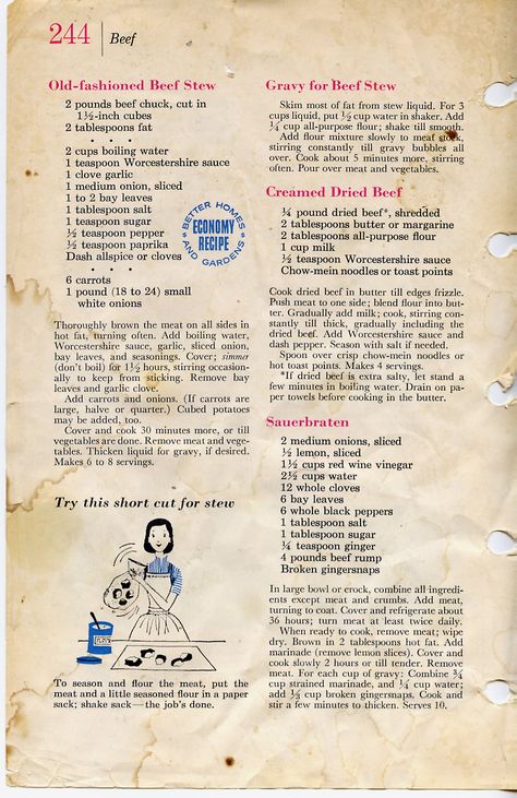 We use the beef stew recipe on this page. It is also a vintage recipe--it's from a 1940s era Better Homes and Gardens cookbook that once belonged to my mother in-law. Vintage Better Homes And Gardens Recipes, Alexandras Kitchen, Valentine Sugar Cookie Recipe, Better Homes And Gardens Cookbook, Old Fashioned Beef Stew, Vintage Better Homes And Gardens, Wartime Recipes, Main Entrees, Valentine Sugar Cookies