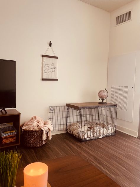 Crate with wood at top and living room decor Small Living Room Dog Area, Dog Areas In House Aesthetic, Dog Setup In Apartment, Living Room With Pets, Dog Toy Basket Living Rooms, Aesthetic Dog Room Ideas, Dog Apartment Living Ideas, Dog Area Aesthetic, Apartment With Dog Aesthetic