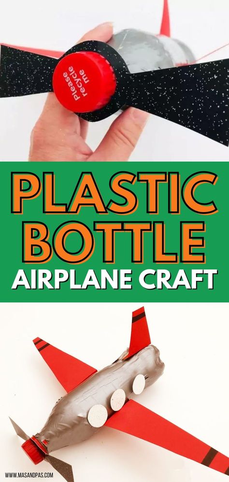 If you need an easy boys craft idea, try out this DIY bottle airplane! It's the perfect way to recycle extra plastic water bottles, and in just a few minutes your kids will have a flying airplane toy that they can play with or turn into a piggy bank! Head to the blog for the simple airplane tutorial and have your kids flying their plane in no time! #airplanecraft #recycledcrafts #kidscrafts #boyscrafts Airplane Crafts For Preschool, Airplane Tutorial, Airplane Craft, Plane Crafts, Diy Airplane, Easy Craft For Kids, Adventure Crafts, Water Bottle Crafts, Flying Airplane