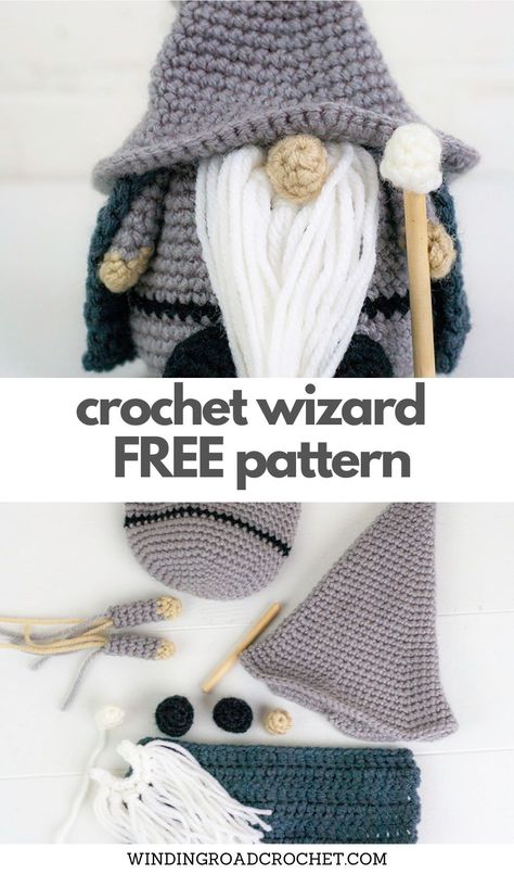 You will have fun making a cute crochet grey wizard gnome with this free crochet pattern by Winding Road Crochet. Crochet Gnome Beard Free Pattern, Crochet Gnome Beard, Wizard Hat Crochet, Gnome Hat Pattern, Crochet Wizard, Gnome Wizard, Wizard Gnome, Crochet Totoro, Crochet Gnome Pattern