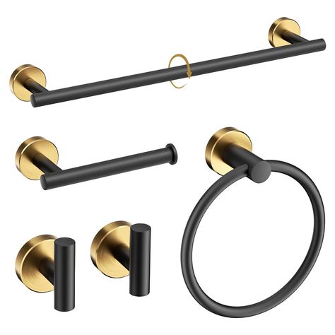 PRICES MAY VARY. 【Complete Bathroom Hardware Set】- Includes 23.6 inch towel bar, toilet paper holder, 2 robe towel hooks, towel ring and complete mounting accessories, perfection combination for bathroom remodel and decoration. 【Premium Quality】- The bathroom towel bar set constructed from SUS304 stainless steel, ensuring exceptional resistance to rust and corrosion for long-lasting durability in your bathroom. Round and Smooth design protect your body from scratching. 【Wide Application】-The bat Towels Hooks In Bathroom, Gold And Black Fixtures Bathroom, Black And Silver Bathroom Fixtures, Black And Gold Bathroom Fixtures, Silver Bathroom Fixtures, Black Fixtures Bathroom, Modern Bathroom Hardware, Gold Bathroom Hardware, Gold Bathroom Fixtures