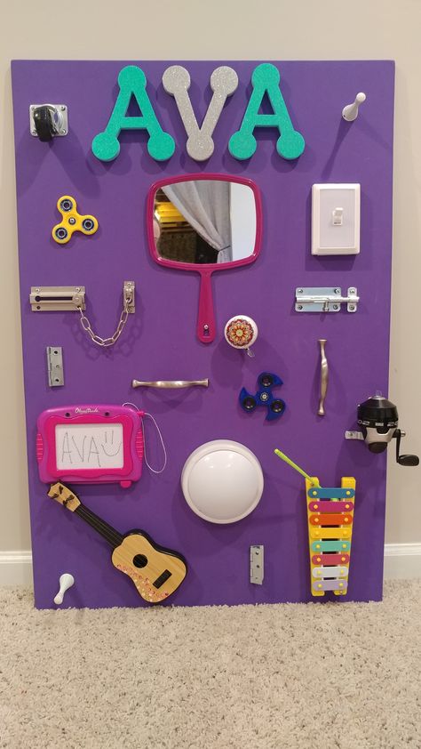 A little activity/sensory board I made for my nieces first birthday!   #diytoddlerboard #busyboard #diy #firstbirthdaypresent #1stbirthday #babygirlpresents #activityboard #babysensoryboard Sensory Busy Board Diy, Wall Busy Board Diy, Diy Busy Board Baby Sensory Play, Busy Board Ideas Diy, Diy Learning Board, Sensory Room Ideas Schools, Sensory Board For Babies, Diy Activity Board, Activity Board Diy