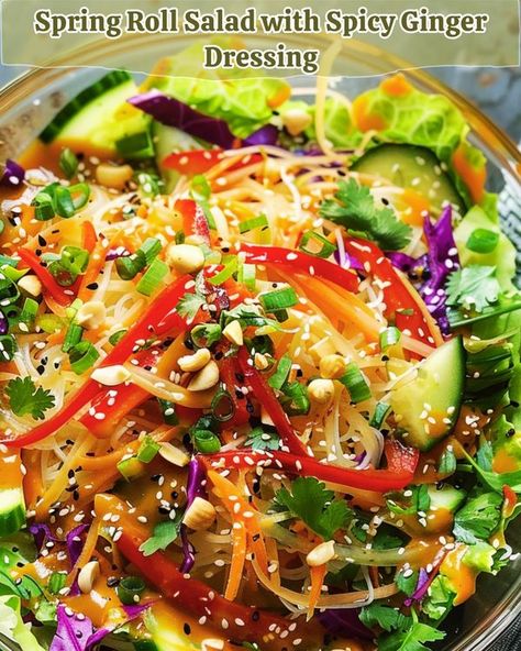 Asian Salad Dressing Recipe, Shredded Cucumber, Spring Roll Salad, Asian Salad Dressing, Small Cucumber, Ginger Dressing, Asian Salad, Spring Roll, Salad Dressing Recipes