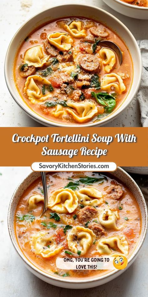 Seeking a comforting dish that’s as easy as it is tasty? Our Crockpot Tortellini Soup with Sausage is packed with wholesome ingredients and robust flavors. It's a fantastic addition to your weeknight dinner rotation. Save this recipe so you can whip it up whenever hunger strikes! Sausage Soup Crockpot, Tortellini And Veggies, Tortellini Recipes Crockpot, Sausage Cheese Tortellini, Crockpot Tortellini Soup, Slow Cooker Tortellini, Tortellini Soup Crockpot, Tortellini Soup With Italian Sausage, Tortellini Soup With Sausage