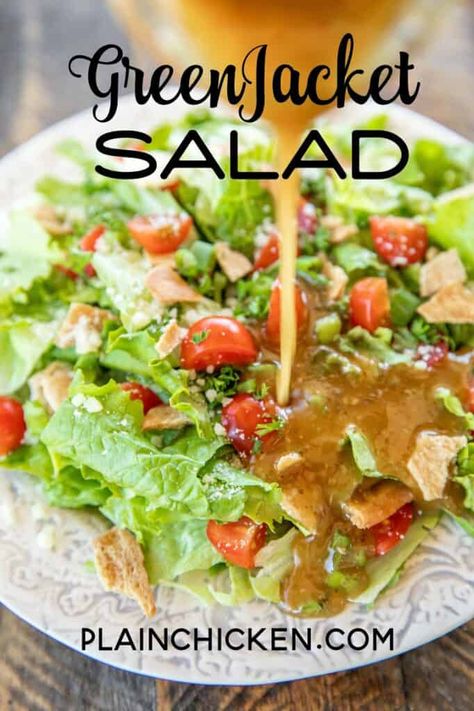 Green Jacket Salad Recipe, Green Jacket Salad, Salad With Dressing, Green Salad Dressing, Steak Soup, Grilled Corn Salad, Plain Chicken, Chicken Steak, Pita Chips