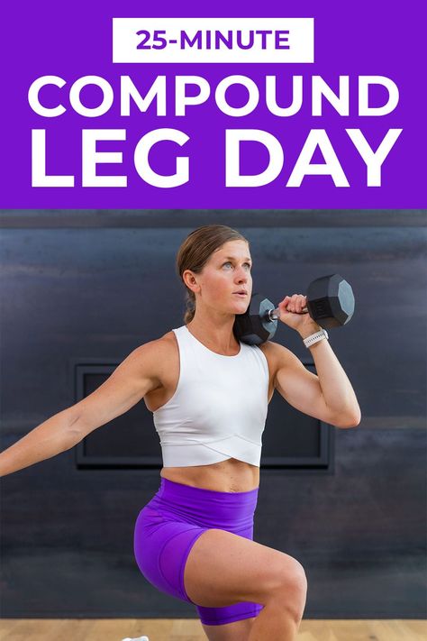 Build strong legs at home with this efficient compound leg workout. The best compound leg exercises target multiple lower body muscles at once, including the quads, hamstrings, glutes, calves and thighs. Compound leg exercises allow you to lift heavier weights and recruit more muscle fibers, leading to greater muscle growth. Leg Day Compound Exercises, Compound Lower Body Exercise, Lower Body Compound Exercises, Compound Workouts For Women, Heavy Leg Day Workout, Exercises For Quads, Leg Day Workout At The Gym, Compound Leg Exercises, Compound Workouts