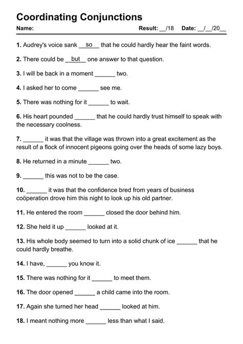 Coordinating Conjunctions Exercises PDF Worksheet with Answers - Test 2 Coordinating Conjunctions Worksheet, Practice English Grammar, Conjunctions Worksheet, English Grammar Pdf, Coordinating Conjunctions, Practice English, Teaching English Grammar, English Grammar Worksheets, Learn English Grammar