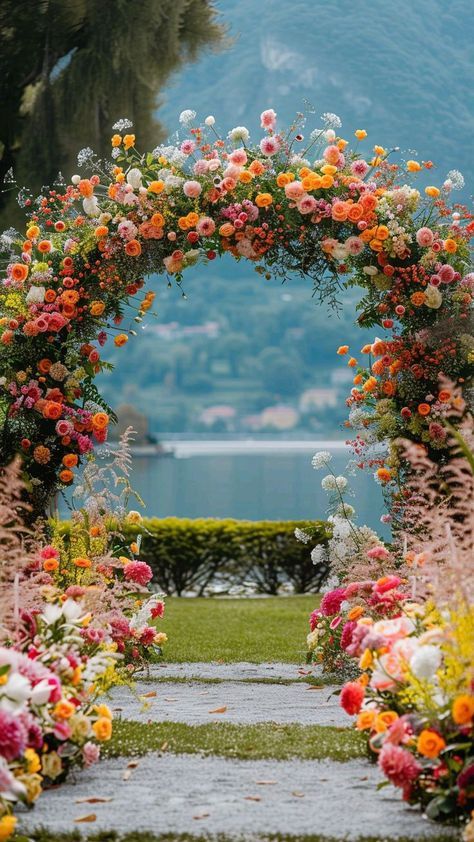 Colorful Garden Wedding Ideas, Wedding Color Inspo Spring, Bridal Vision Boards, Outside Floral Wedding, Wedding Arch Flowers Colorful, Sunset Color Theme Wedding, Wedding Wedding Theme, Multicolor Flower Wedding, Lots Of Flowers Wedding