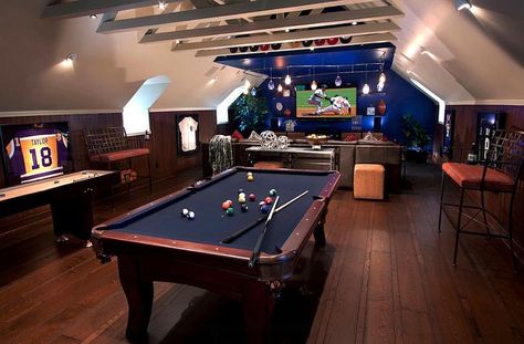 Ever thought of converting your attic game room into a luxurious man cave? This is an awesome example!  #attic #gamesroom #mancave Attic Game Room, Man Cave Designs, Attic Man Cave, Man Cave Games, Man Cave Design, Ultimate Man Cave, Man Cave Home Bar, Pool Tables, Video Game Rooms