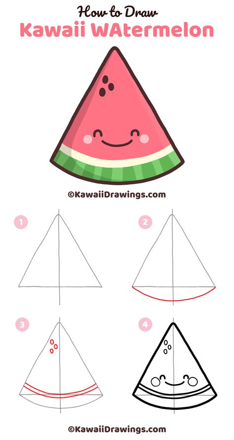 Easy step-by-step drawing tutorial for a kawaii watermelon slice. Draw a triangle, add a few arches, finish with a face. Cute drawing to draw with kids and for summer-time crafts. Kawaii art and drawing tutorial by Tatyana Deniz. ©KawaiiDrawings.com Cute Drawing To Draw, Face Cute Drawing, Drawing To Draw, Drawing Ideas Easy For Teens, Kawaii Watermelon, Watermelon Drawing, Draw Kawaii, Doodle Art For Beginners, Drawings For Boyfriend