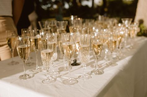 Champagne toast under the oaks 👏🏻 This was such a fun wedding detail. Bride @haymarie__ collected vintage champ glasses to double as toasting glasses & guest favor to take home. This epic champagne toast kicked off cocktail hour while the golden light was doing its’ thing ✨ 📸: @carissajosettephoto Thrifted Champagne Glasses Wedding, Champagne Glasses Wedding, Vintage Champagne Glasses, Wedding Champagne Glasses, Glasses Wedding, Toasting Glasses, Champagne Toast, Vintage Champagne, Champagne Wedding