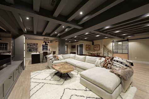 Exposed Basement Ceiling, Transitional Basement, Basement Paint, Finished Basement Designs, Industrial Basement, Dream Basement, Modern Basement, Basement Inspiration, Building Remodeling