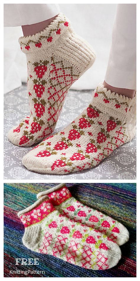 Strawberry Socks Knitting, Colorwork Socks Knitting, Easy Knit Patterns Free, Sock Knit Pattern, Colorwork Sock Knitting Pattern, Strawberry Knitting Pattern, Knit Accessories Patterns Free, Cottagecore Knitting Patterns, Free Knit Sock Patterns