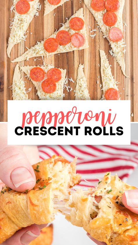 Easy Pepperoni Crescent Rolls make everyone happy! Flaky crescent roll dough is stuffed with gooey melted cheese and spicy pepperoni in this great recipe with only 4 ingredients. They're the perfect appetizer for your summer parties! Pepperoni Pizza Crescent Roll Ups, Cressant Roll Appetizers, Pepperoni Cheese Crescent Rolls, Pizza Roll Ups Crescent, Pepperoni Rolls With Crescent Rolls, Cressant Rolls Recipes Dinner, Peporoni Rolls, Crescent Roll Pepperoni Rolls, Crescent Roll Sandwiches