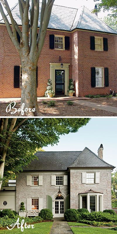 Red brick to French country - paint, new entry & window with copper roof Gray Limewash Brick Exterior, 90s Brick House Exterior Makeover, Limewash Brick Exterior Before And After, Gray Limewash, Exterior Brick House Colors, Limewash Brick Exterior, Slaked Lime, Brick House Colors, Painted Brick Exteriors