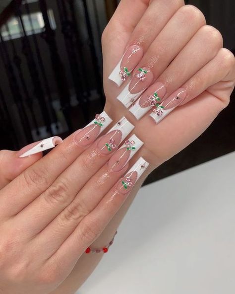 Eid Nails, White French Nails, Tapered Square Nails, Cherry Nails, Long Acrylic Nails Coffin, Bling Acrylic Nails, White French, Crystal Nails, Pretty Acrylic Nails