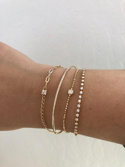 Sabrina Bracelet – Kasia J. Cute Everyday Jewelry, Formal Bracelets, Everyday Gold Bracelet, Single Diamond Bracelet, Gold Bracelet Stack, Stacked Bracelets, Everyday Bracelet, Wrist Jewelry, Luxe Jewelry