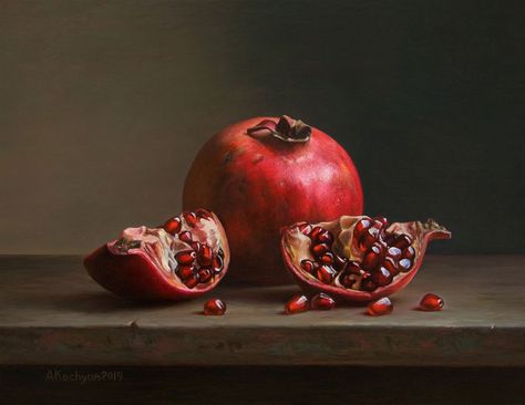 "Pomegranates" by Albert Kechyan. Oil painting on Panel / Board / MDF, Subject: Still life, Photorealistic style, One of a kind artwork, Signed on the front, Size: 33 x 25.5 x 0.8 cm (unframed), 12.99 x 10.04 x 0.31 in (unframed), Materials: Rembrandt oil colour, Talens Picture varnish Pomegranate Pictures, Oil Painting Videos, Simple Oil Painting, Pomegranate Art, Oil Painting Woman, Oil Painting For Beginners, Oil Painting Nature, Pomegranate Oil, Oil Painting Inspiration