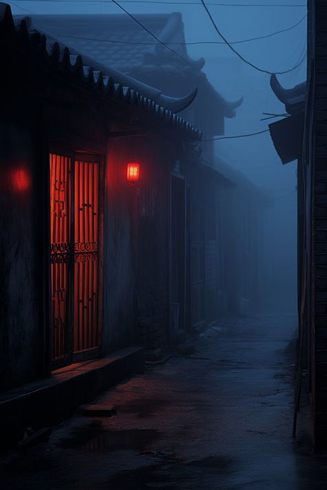 An old and traditional Hutong house in Beijing. This is an architectural AI artwork made with Midjourney. Scary Japanese Aesthetic, Spooky Japanese Aesthetic, Dark Chinese Aesthetic, Haunted Japan, Horror Scenery, Rp Starters, Chinese Streets, Chinese Horror, Dark Building