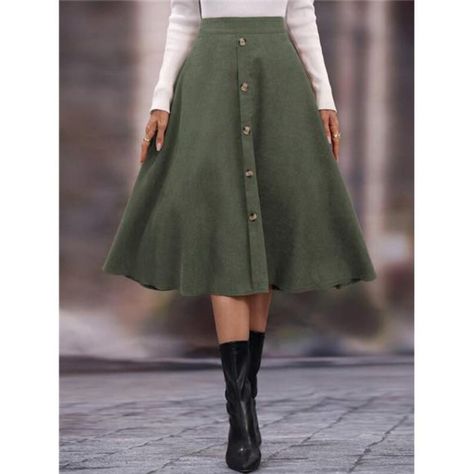 -Color: Army Green -Style: Casual -Pattern Type: Plain -Details: Button, Button Front -Waist Line: High Waist -Length: Midi -Fit Type: Loose -Type: Flared -Fabric: Non-Stretch -Material: Fabric -Composition: 95% Polyester, 5% Elastane -Care Instructions: Machine Wash Or Professional Dry Clean -Sheer: No Ships In 7-10 Days S = 2/4, M = 6/8 L=10/12 0x=12 1x=14 2x=16 3x=18 4x=20 Boho - Wedding - Chic - Glam - Modern - Vintage - Streetwear - Casual - Elegant - Trendy - Couture - Runway - Designer - Monochromatic Fashion, Button Fashion, Women Bottoms, Stylish Skirts, Couture Runway, Vintage Streetwear, Casual Skirt, Green Skirt, Green Fashion