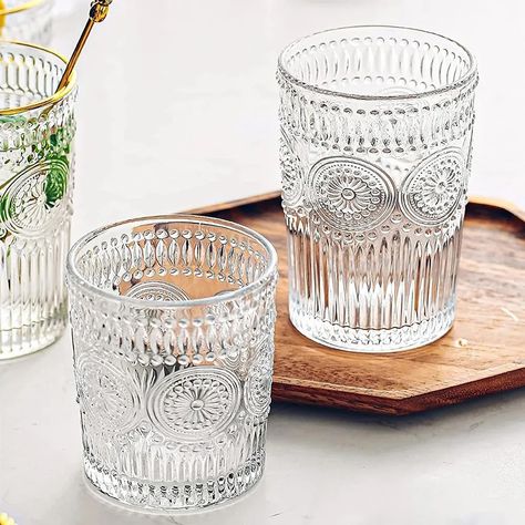 Nice Drinking Glasses, Beaded Drinking Glasses, Farmhouse Drinking Glasses, Cute Drink Glasses, Fancy Glasses For Drinks, Cute Drinking Glasses, Nordic Glassware, Drinking Glasses Aesthetic, Embossed Glassware